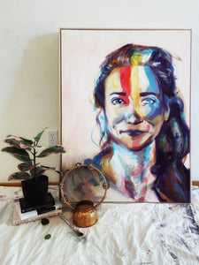 Portrait of a Woman. Acrylic painting in a room. Interior wall decor. Rainbow reflections for art collector