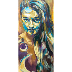 Michelle Schultz Studio, Michelle Schultz Art, Acrylic Painting, Moon Goddess, Painting of a women, colorful portrait, mystical art 