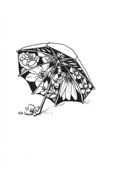 umbrella drawing, pen and ink umbrella, floral umbrella