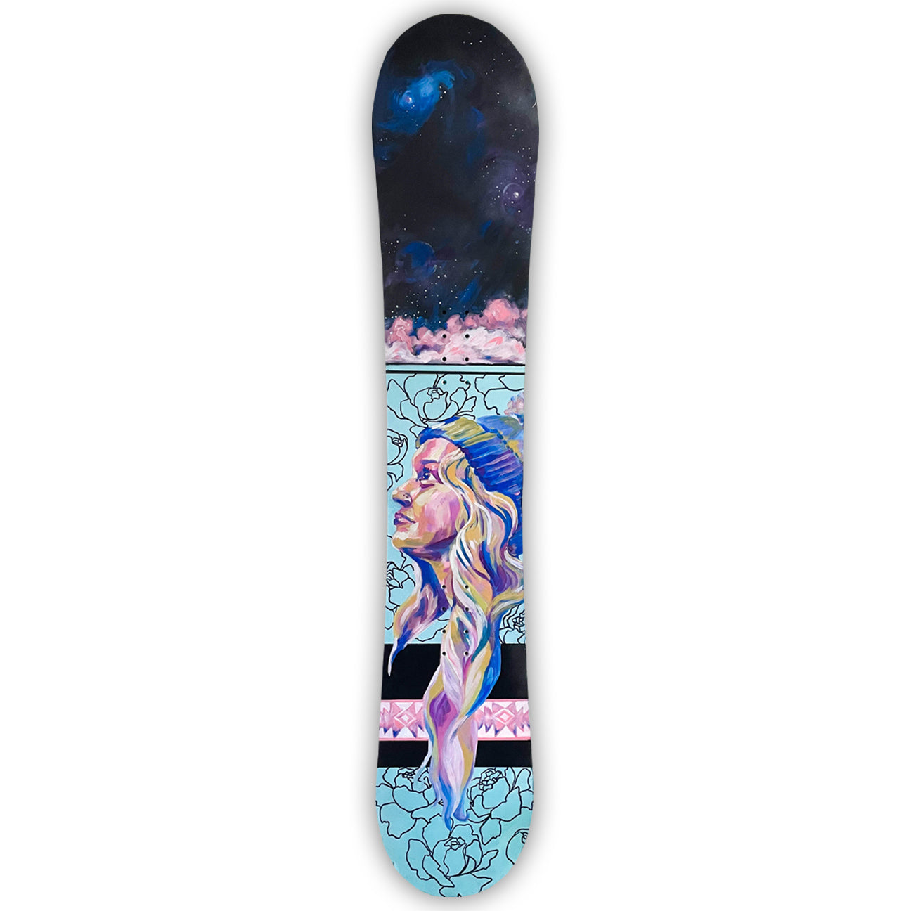 Custom Snowboard, Snowboard Painting, Celestial Flowers, Contemporary Portrait, Ride or die, Mixed Media, Board Customized, Custom Board  